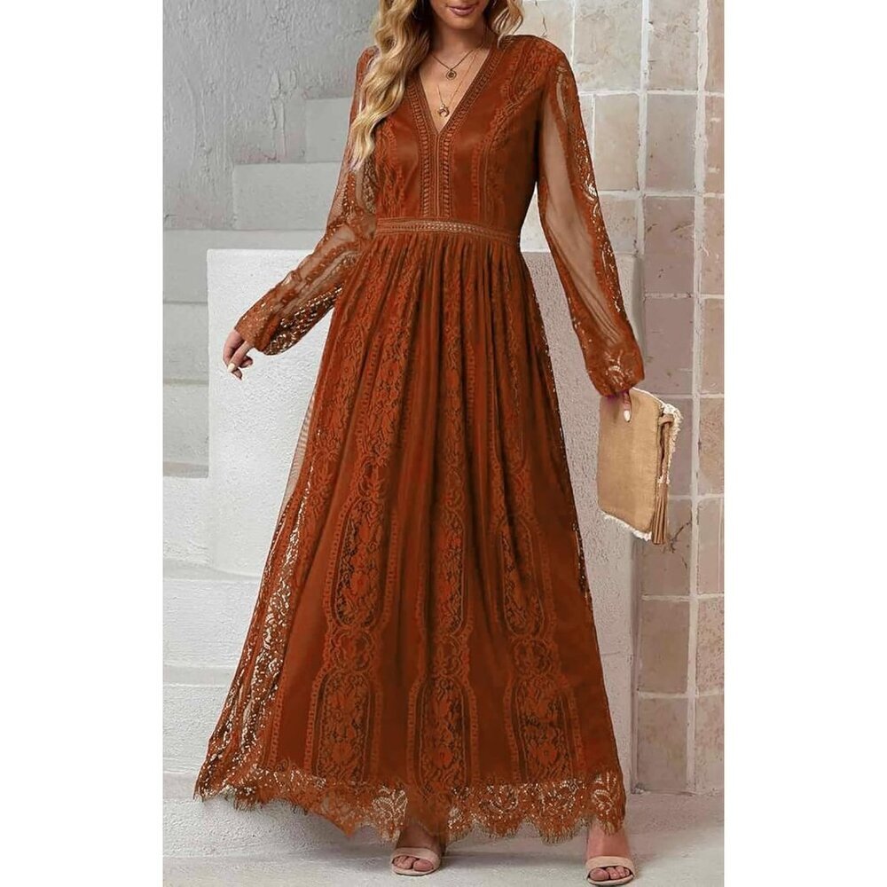 Women's Rust Long Sleeve Off The Shoulder Floral Lace Wedding Long Dress Maxi - Picture 3 of 3